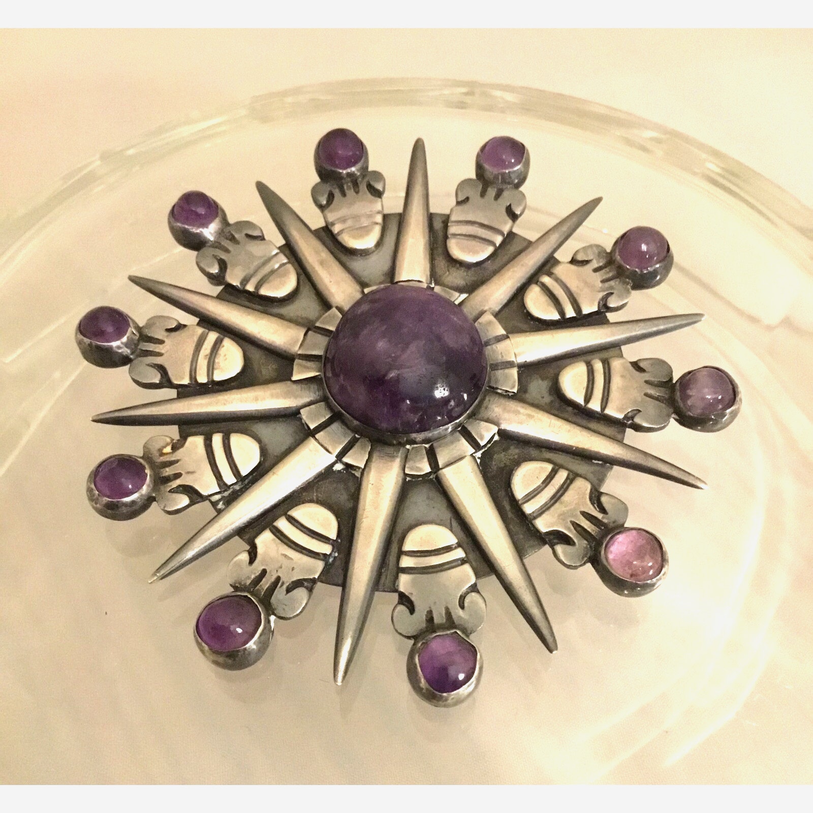 William Spratling Design Mexico Sterling Amethyst Aztec Sun Pendant/Brooch